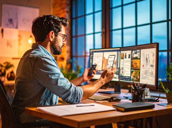 superfast-websites young, white male web designer sat at a desk Simple web platform for launching websites and online shops